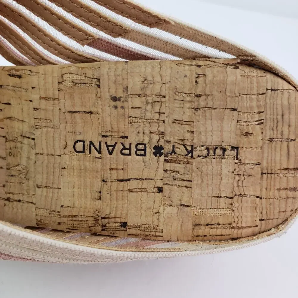 Lucky Brand Mykayla Womens Size 9.5 Pink White Cork Slide Wedge Sandals